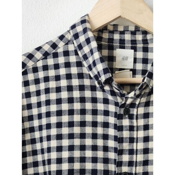 H&M LOGG blue cream plaid XL mens reg‎ fit button flannel shirt grunge 90s 2000s - Picture 5 of 6